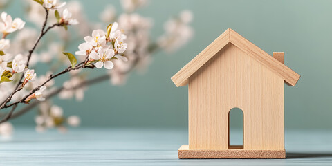 Small bird house in spring setting with copy space