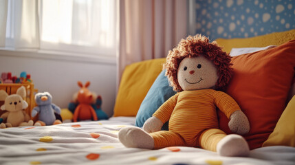 Obraz premium Cozy and Colorful Child’s Bedroom Featuring Plush Toys and Soft Decor with a Cheerful Doll Sitting on a Bed Surrounded by Vibrant Cushions and Background Elements