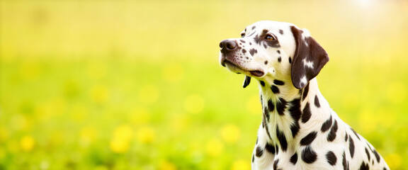 Dalmatian standing in sunny field, canine companionship