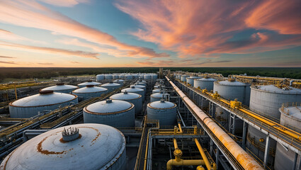 Industrial facility showcasing large storage tanks against a colorful sunset sky in an oil or gas processing area