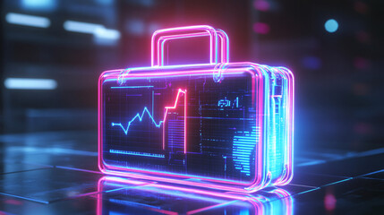 Obraz premium A futuristic briefcase icon glowing with business metrics, symbolizing online enterprise platforms, corporate tools, and business analytics. 