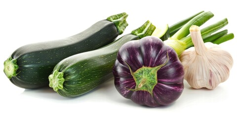 Eggplant, zucchini, garlic, on white background. Mediterranean Diet.