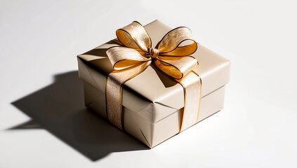 Photo of a gift box with a luxurious gold ribbon neatly wrapped. placed on a white background
