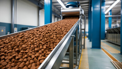 Factory processing line for pet food production at a manufacturing facility in broad daylight