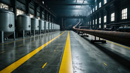 Fototapeta premium Industrial warehouse interior featuring large storage tanks and pipelines in dim lighting