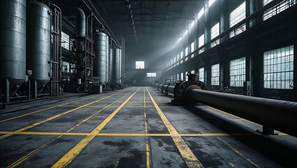 Industrial warehouse interior showcasing large tanks and pipes with natural light streaming in