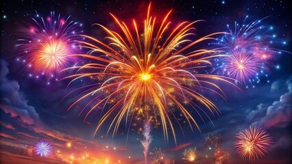 Fototapeta premium Beautiful bright fireworks display illuminating the night sky with vibrant colors and bokeh effect 