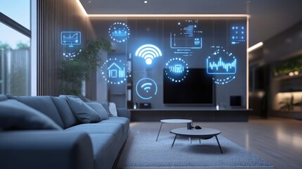 Fototapeta premium Modern Living Room with Futuristic Smart Home Technology and Holographic Displays