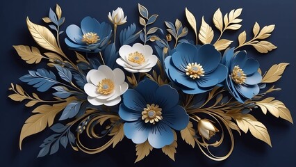 Pink and teal 3D floral arrangement with golden accents