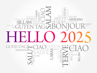 Hello 2025 word cloud in different languages of the world, concept background