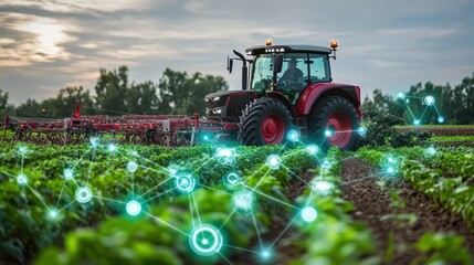 Fototapeta premium Futuristic Smart Farming with Tractor in a Lush Green Field During Daytime