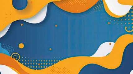 Abstract colorful design featuring waves and shapes on a blue background.