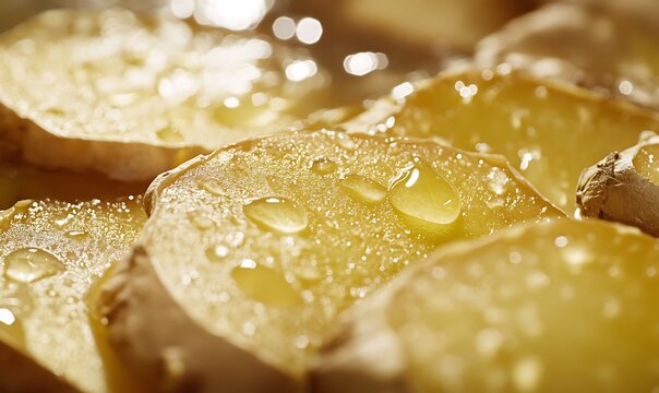 Golden Ginger Slices Glistening With Water Droplets
