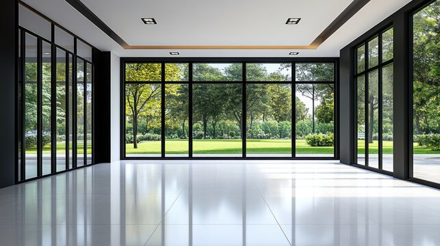 Fototapeta Modern empty room with large windows and garden view.