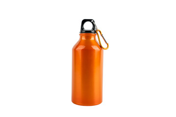 Bright orange water bottle with black handle and yellow chain. The bottle stands on a transparent background.
