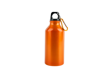 Bright orange water bottle with black handle and yellow chain. The bottle stands on a transparent background.