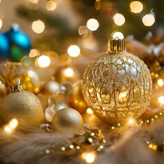 Merry Christmas, balls, lights, blue gold - 50