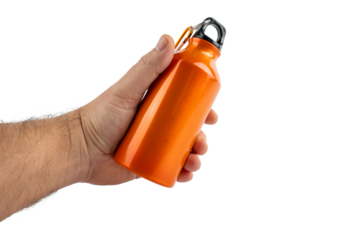 A hand holds an orange bottle of water on a transparent background. The bottle is made of metal and has a black cap.