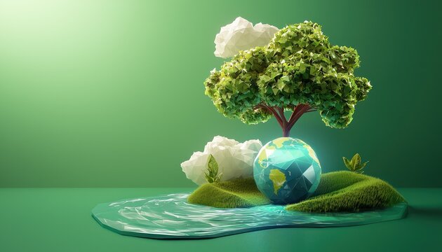 A futuristic World Environment Day poster with a low-poly tree, cloud, and river flowing beneath a glowing globe, set against a green background.