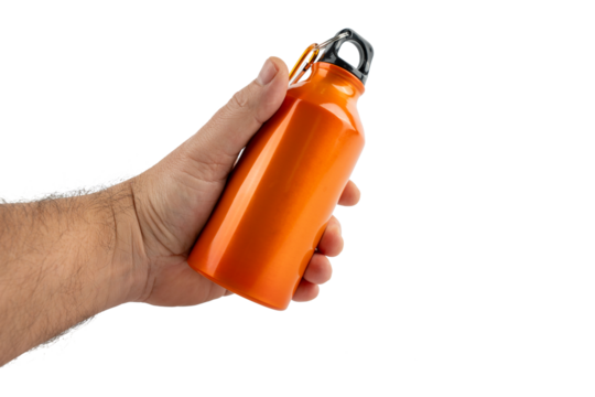 A hand holds an orange bottle of water on a transparent background. The bottle is made of metal and has a black cap.