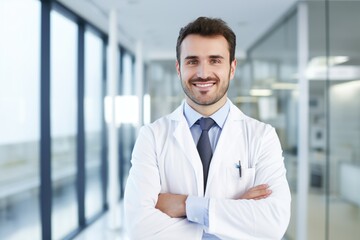 Fototapeta premium Confident, cheerful doctor standing with crossed arms in modern clinic, wearing white coat. Professional healthcare