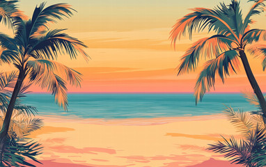 Tropical paradise: Silhouetted palm trees sway against a vibrant sunset over the ocean