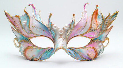An ethereal masquerade mask in iridescent pastel hues of soft pink, turquoise, and gold with delicate butterfly wing motifs integrated into its design