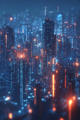 Obraz premium A futuristic city skyline icon glowing with urban data, representing online city planning platforms, smart infrastructure tools, and real-time urban analytics. 