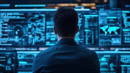 Man Working in Tech Command Center with Multiple Data Screens
