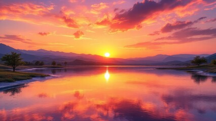 Obraz premium Scenic sunset over a lake with mountains in the distance, reflecting vibrant orange and pink hues