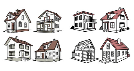 Fototapeta premium set of houses, Building icon set in line black flat house, Building icon set. Containing house, office, bank, school, hotel, shop