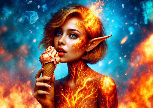 Fire Elf Fantasy Cosplay with Ice Cream, Beautiful Elf Girl and Multi-Colored Cream Dessert Design, Cute Pink Colorful Wall Digital Print.