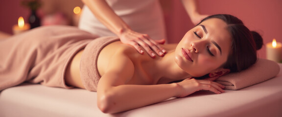 Obraz premium A woman lying on a massage table receiving a spa treatment. Soft lighting and candles create a calming atmosphere. Suitable for relaxation and spa care themes.