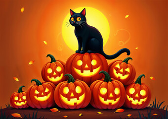 Halloween Black Cat with Bright Yellow Eyes on Autumn Pumpkins Hill Fantasy: Orange Leaves Holiday Pumpkin, Animal Lover, Wall Digital Print
