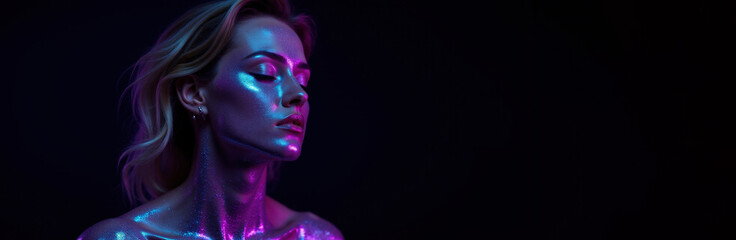 Woman with neon lights and futuristic makeup . For designers: ideal for futuristic projects, covers and advertising. For banners, posters, backgrounds. Spa and cosmetology, self-care. With copy space
