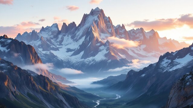 Majestic mountain range with snow-capped peaks at sunrise with soft clouds and a river in the valley under natural light.