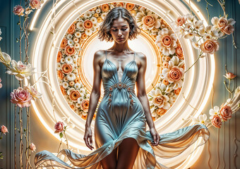 Obraz premium Feminine Charm: Blonde Beauty Model Girl in White Silk Dress with Short Hair, Neon Glamour Pink Roses, Fashion Elegant Wall Decor Design