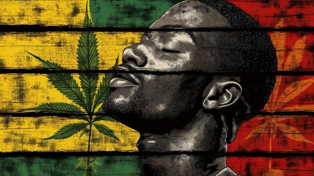 Young man relaxing with cannabis leaves on rasta flag background
