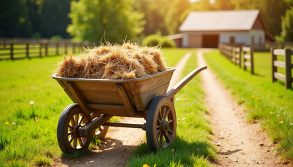 Sunlit farm scene with a rustic wheelbarrow filled with hay along a tranquil dirt path
