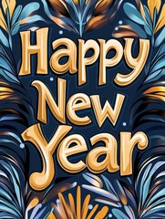 Happy New Year! Festive Typographic Design - Celebration, joy, new beginnings, hope, wishes.  Golden lettering on a dark background with stylized floral elements.