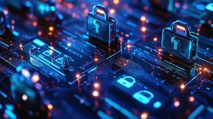 Digital Security Concept with Glowing Lock Icons on Circuit Board Representation