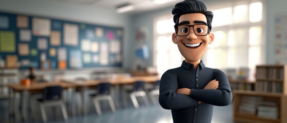 A cartoon man is standing in front of a classroom with a smile on his face