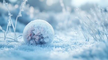 Frozen Petals Within a Snowball on Frosty Ground