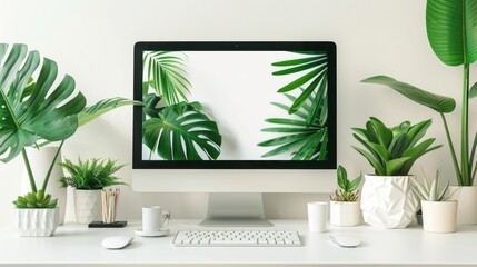 Serene Home Office Workspace with Lush Greenery and Modern Computer