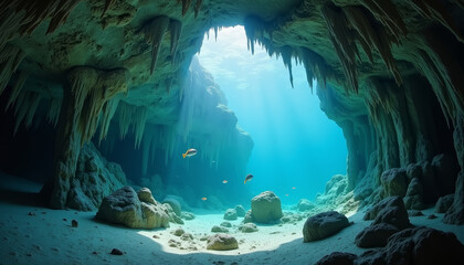 Underwater cave exploration reveals a serene world filled with vibrant marine life and stunning rock formations