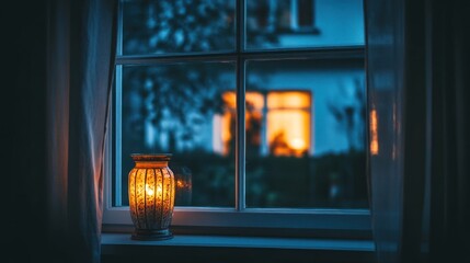 Illuminated candle on window sill at twilight.
