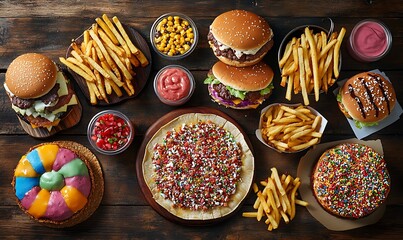 Fototapeta premium A Delicious Spread Of Burgers Fries And Sweet Treats