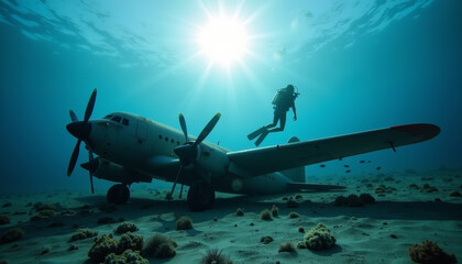 Naklejka premium Diver explores a sunken aircraft at a vibrant underwater location