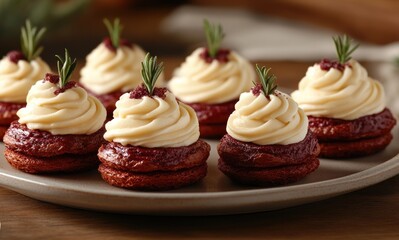 Delicious Red Velvet Macarons with Creamy Frosting and Rosemary Garnish