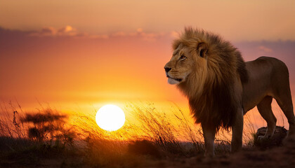 A majestic lion standing proudly against a vibrant sunset.